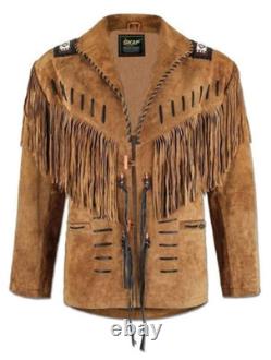 Cowboy Western Jacket Real Suede Leather Fringe Beads Native American Style