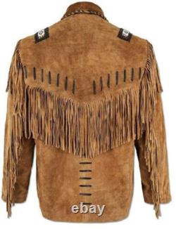 Cowboy Western Jacket Real Suede Leather Fringe Beads Native American Style