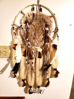 DREAM Catcher Native American Mandala Fur Wool Feathers Beaded Large Vintage