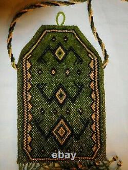 Dazzling Micro-Beaded Antique Clutch Purse Handbag Native American Style Green