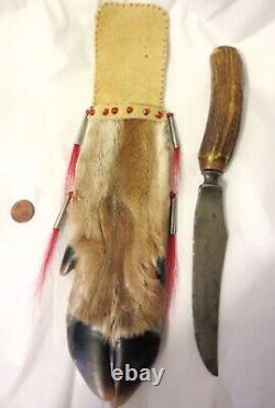 Deer foot sheath, bead/tin cone- Meriden Antler Handle Knife P St John, Mohawk