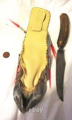 Deer foot sheath, bead/tin cone- Meriden Antler Handle Knife P St John, Mohawk