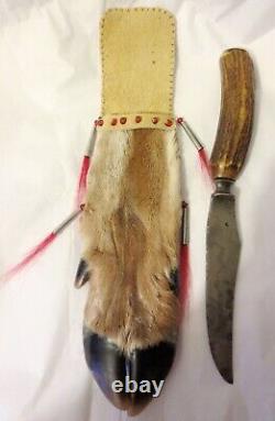 Deer foot sheath, bead/tin cone- Meriden Antler Handle Knife P St John, Mohawk