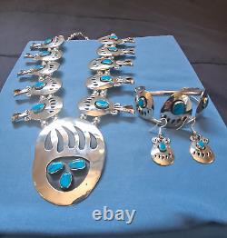 ENORMOUS BEARCLAW Sky Blue Turquoise Silver Squash Blossom Necklace set