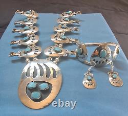 ENORMOUS BEARCLAW Sky Blue Turquoise Silver Squash Blossom Necklace set