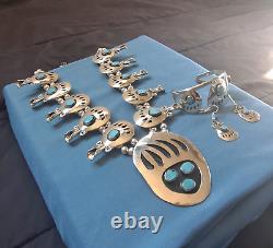 ENORMOUS BEARCLAW Sky Blue Turquoise Silver Squash Blossom Necklace set