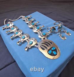 ENORMOUS BEARCLAW Sky Blue Turquoise Silver Squash Blossom Necklace set