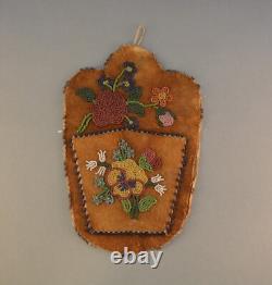 Early Plains Indian Beaded Beadwork Wall Pocket on Leather Floral Design