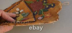 Early Plains Indian Beaded Beadwork Wall Pocket on Leather Floral Design