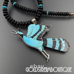 Eddie Beyuka Zuni Sterling Silver Turquoise & Jet Inlay Beaded Bird Necklace