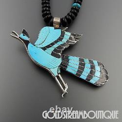 Eddie Beyuka Zuni Sterling Silver Turquoise & Jet Inlay Beaded Bird Necklace