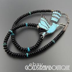 Eddie Beyuka Zuni Sterling Silver Turquoise & Jet Inlay Beaded Bird Necklace