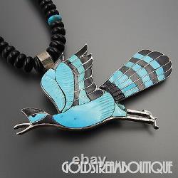 Eddie Beyuka Zuni Sterling Silver Turquoise & Jet Inlay Beaded Bird Necklace