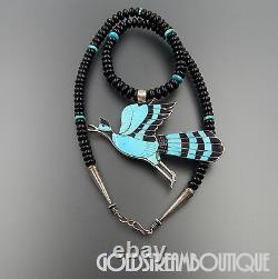 Eddie Beyuka Zuni Sterling Silver Turquoise & Jet Inlay Beaded Bird Necklace