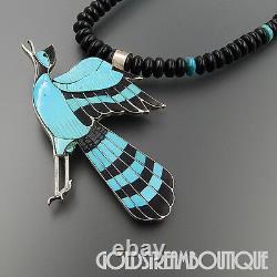 Eddie Beyuka Zuni Sterling Silver Turquoise & Jet Inlay Beaded Bird Necklace