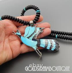 Eddie Beyuka Zuni Sterling Silver Turquoise & Jet Inlay Beaded Bird Necklace