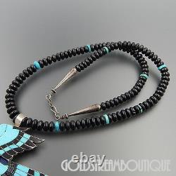 Eddie Beyuka Zuni Sterling Silver Turquoise & Jet Inlay Beaded Bird Necklace