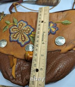 Elaborate Vintage Used Hand Made Native American Beaded Fighters Bag & Extras