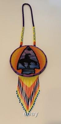 End of the Trails, Handmade Native American Beaded, Painted Medallion Necklace