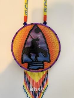 End of the Trails, Handmade Native American Beaded, Painted Medallion Necklace