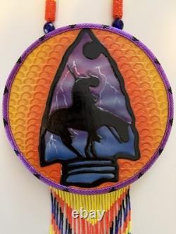 End of the Trails, Handmade Native American Beaded, Painted Medallion Necklace