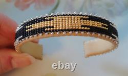 Etkie Navajo Indian Seed Beadwork Native Beaded Cuff Bracelet Leather 7-1/2