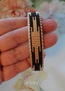 Etkie Navajo Indian Seed Beadwork Native Beaded Cuff Bracelet Leather 7-1/2