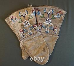Fine 1900 Native American Tlingit Beaded Mitten Gloves w Whirling Log & Floral