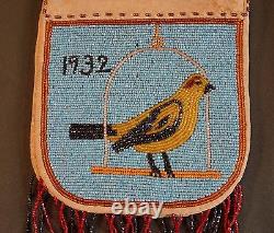 Fine Native American Plains 2 Sided Beaded Medicine Bag Bird & White Wolf 1932