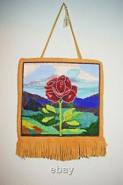 Fine Plateau Yakima Native American Rose & Mountains Beaded Leather Flat Bag