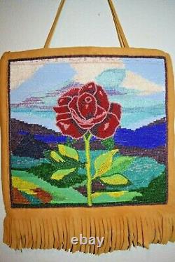 Fine Plateau Yakima Native American Rose & Mountains Beaded Leather Flat Bag