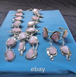 GIANT ROSE QUARTZ set Squash Blossom Necklace /w Bracelet and Earrings