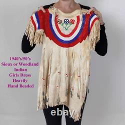 GIRLS Sioux Dress BEADED Quill Patriotic Leather Native American 1940's Antique