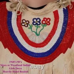 GIRLS Sioux Dress BEADED Quill Patriotic Leather Native American 1940's Antique