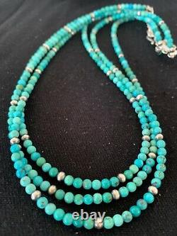 Genuine Natural Navajo Sterling Silver 3S 4mm Blue Turquoise Necklace Set 4827