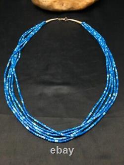 Gift Navajo Denim Lapis 5S Sterling Silver Tube Heishi Bead Necklace 19 3419