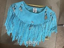 HB Vintage Beaded Fringe Suade Leather Native American Cape IN Turquoise