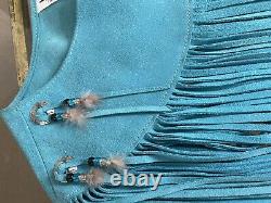 HB Vintage Beaded Fringe Suade Leather Native American Cape IN Turquoise