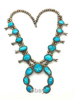 HEAVY Vintage Navajo Turquoise Sterling Silver Squash Blossom Naja Necklace