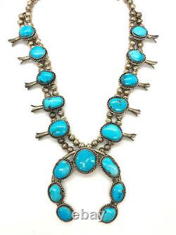 HEAVY Vintage Navajo Turquoise Sterling Silver Squash Blossom Naja Necklace