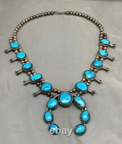 HEAVY Vintage Navajo Turquoise Sterling Silver Squash Blossom Naja Necklace