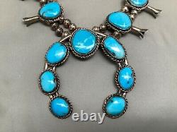 HEAVY Vintage Navajo Turquoise Sterling Silver Squash Blossom Naja Necklace