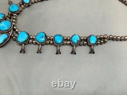 HEAVY Vintage Navajo Turquoise Sterling Silver Squash Blossom Naja Necklace