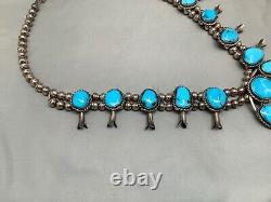 HEAVY Vintage Navajo Turquoise Sterling Silver Squash Blossom Naja Necklace