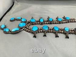 HEAVY Vintage Navajo Turquoise Sterling Silver Squash Blossom Naja Necklace