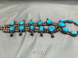 HEAVY Vintage Navajo Turquoise Sterling Silver Squash Blossom Naja Necklace