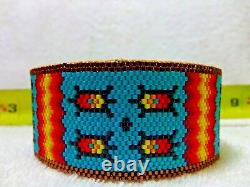 HUGE 7 3/4 Native American Beaded Cuff Bracelet Turtle Feather Cherokee Fire