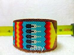 HUGE 7 3/4 Native American Beaded Cuff Bracelet Turtle Feather Cherokee Fire