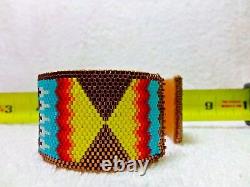 HUGE 7 3/4 Native American Beaded Cuff Bracelet Turtle Feather Cherokee Fire