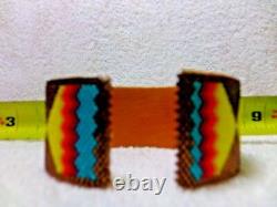 HUGE 7 3/4 Native American Beaded Cuff Bracelet Turtle Feather Cherokee Fire